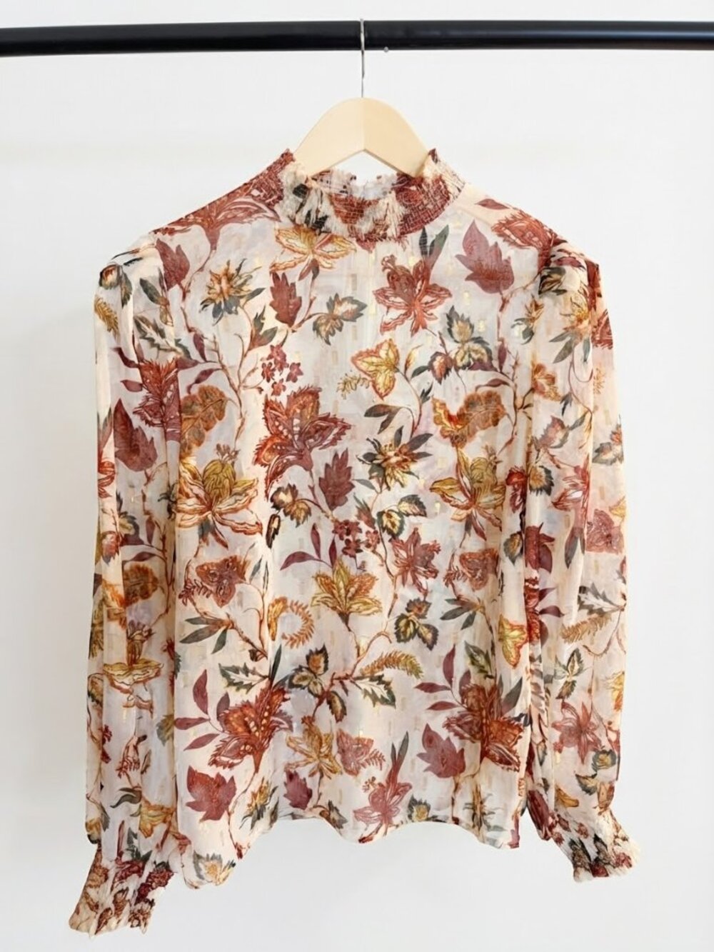 Floral Shirt Blouse Size Medium Long Sleeve SHINY + SHEER for FALL 🍂 A. Calin